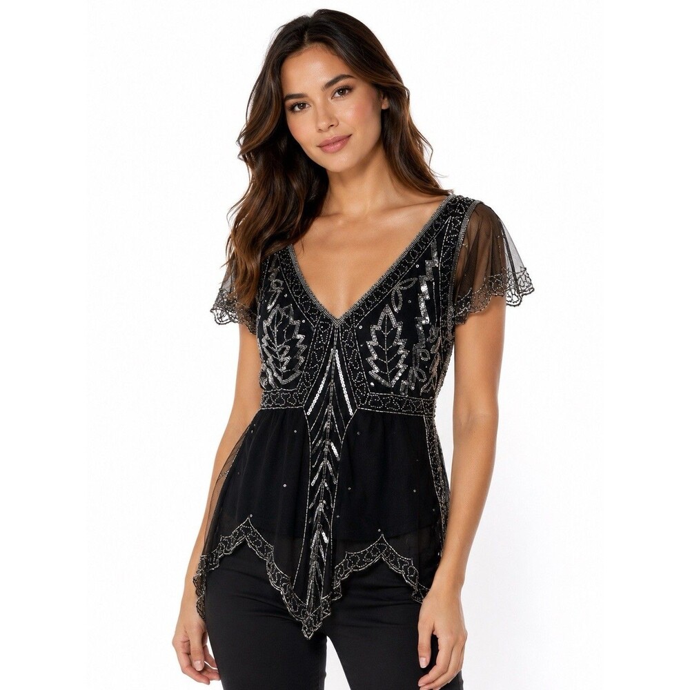 Vtg Y2K Scala Black Sheer Mesh Beaded Silver Sequin Cap Sleeve Top M Whimsigoth